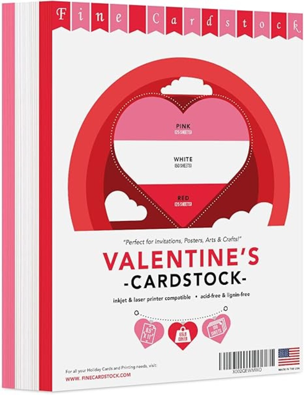 Valentine’s Colored Card Stock Paper, Valentines Day Red, Pink & White 8.5 x 11" Cardstock for Valentine Greetings, Gift Tags, Art & Crafts, Invitations | 25 Red, 25 Pink, 50 White (100 Sheets Total)